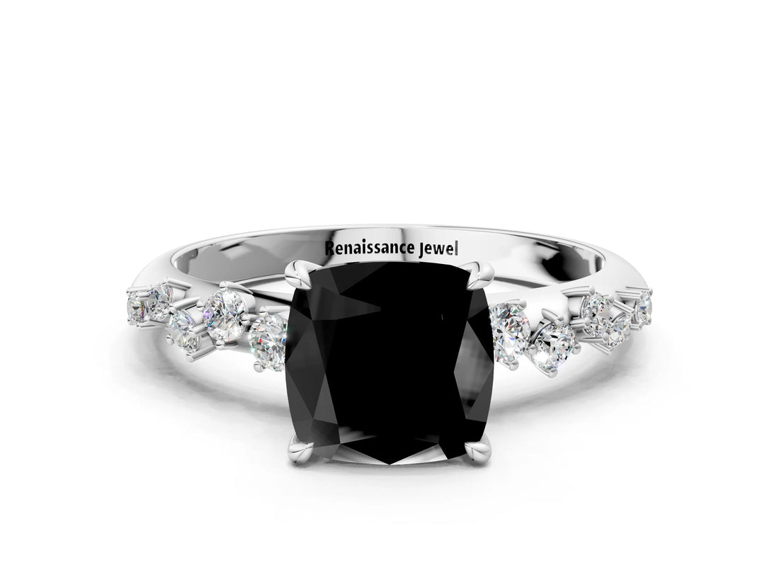 White gold Fancy Black Cushion Cut Diamond Cluster Side Stone Solitaire Ring with Prong Setting_48
