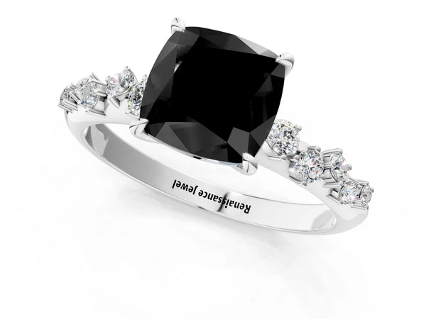 Platinum Cushion Cut Graduated Cluster Engagement Ring Setting for Black Center