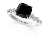 White gold Fancy Black Cushion Cut Diamond Cluster Side Stone Solitaire Ring with Prong Setting_49