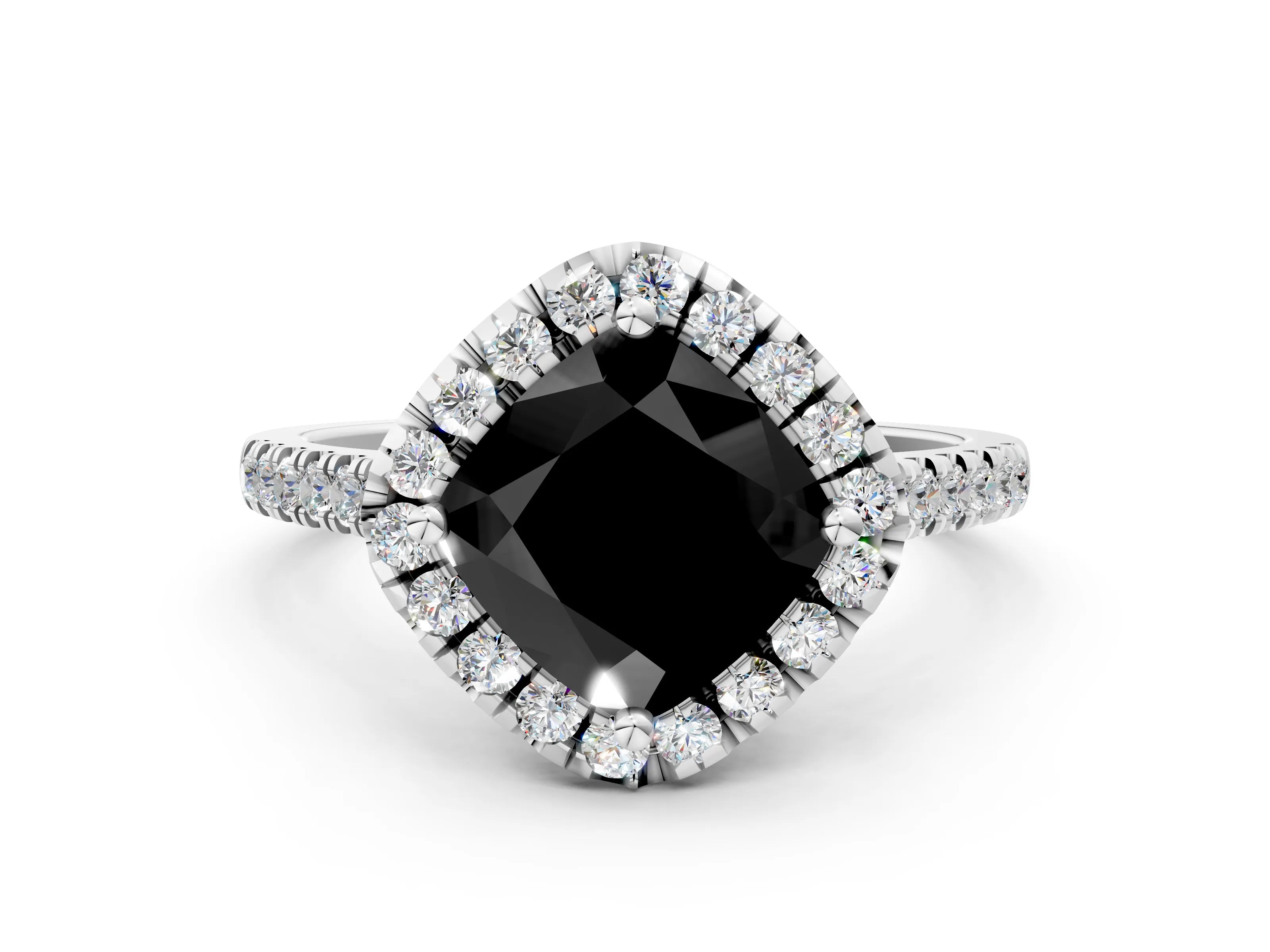 White gold Fancy Black Cushion Cut Diamond Cushion Halo Ring with Pavé Band_36