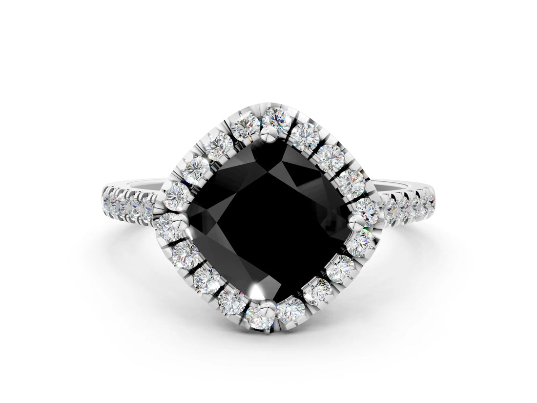 White gold Fancy Black Cushion Cut Diamond Cushion Halo Ring with Pavé Band_36