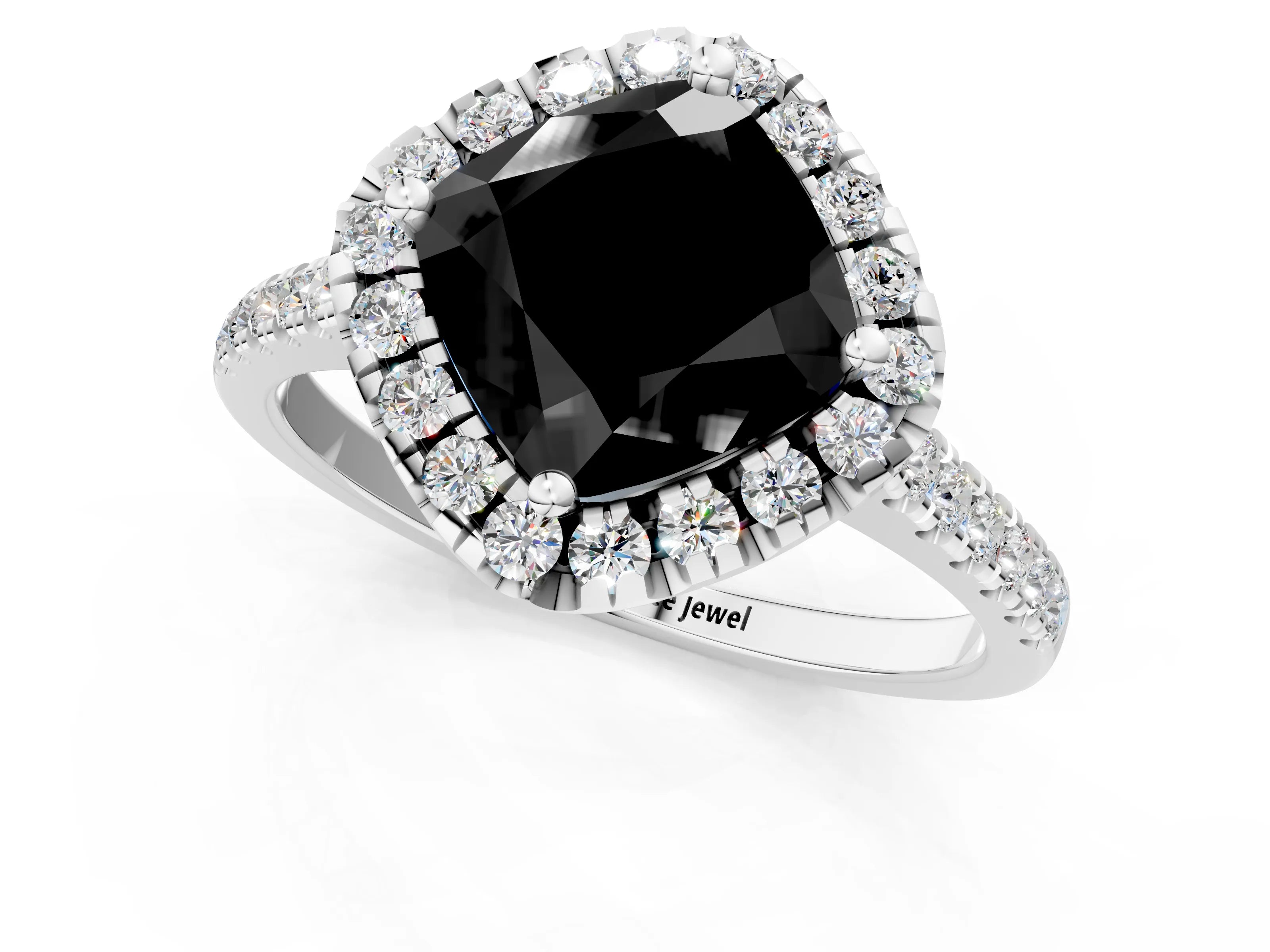 White gold Fancy Black Cushion Cut Diamond Cushion Halo Ring with Pavé Band_37