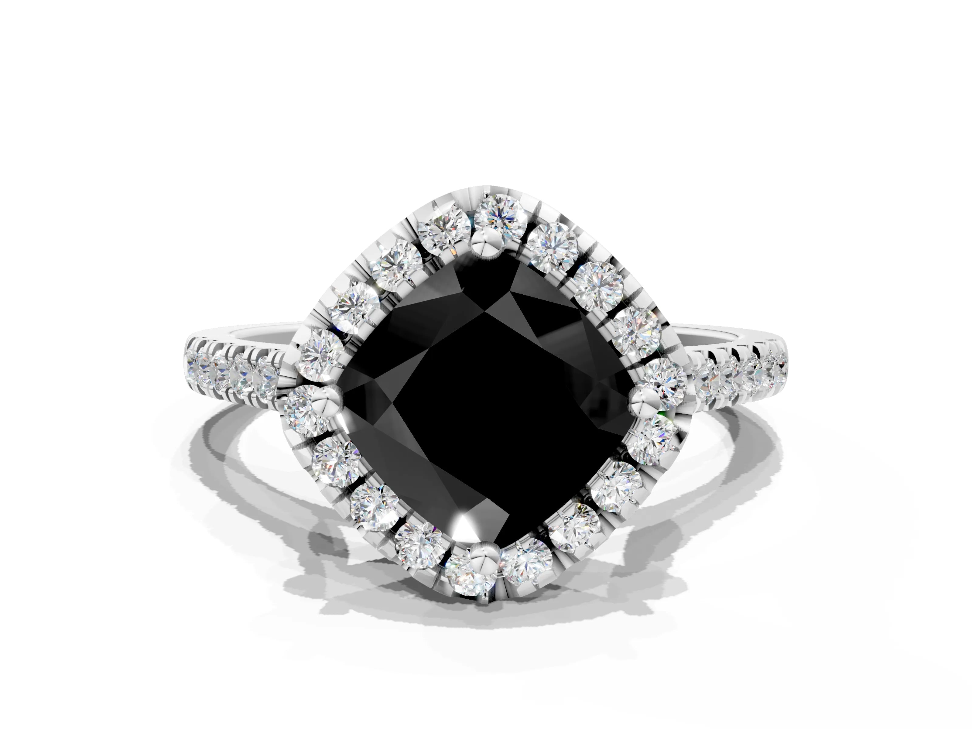 White gold Fancy Black Cushion Cut Diamond Cushion Halo Ring with Pavé Band