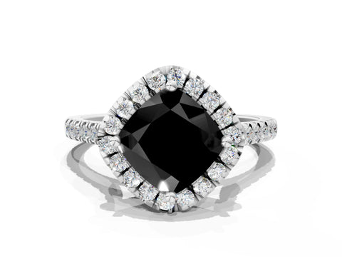White gold Fancy Black Cushion Cut Diamond Cushion Halo Ring with Pavé Band