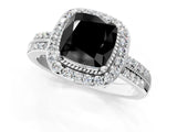 White gold Fancy Black Cushion Cut Diamond Double Halo Ring with Split Shank and Four-Prong Setting_1