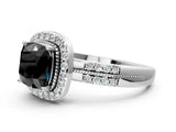 White gold Fancy Black Cushion Cut Diamond Double Halo Ring with Split Shank and Four-Prong Setting