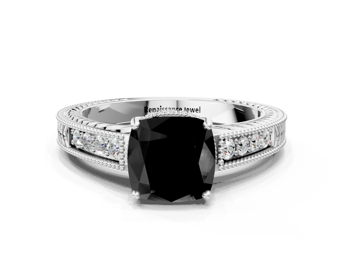 White gold Fancy Black Cushion Cut Diamond Engagement Ring with Milgrain Channel Set Band and Prong Setting