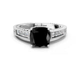 White gold Fancy Black Cushion Cut Diamond Engagement Ring with Milgrain Channel Set Band and Prong Setting
