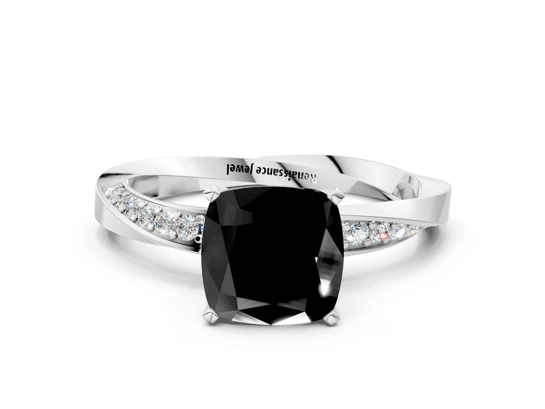 White gold Fancy Black Cushion Cut Diamond Engagement Ring with Side Stone Accents and Four-Prong Setting_24