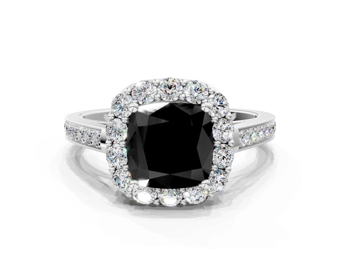 White gold Fancy Black Cushion Cut Diamond Floral Halo Ring with Pavé Band and Prong Setting_7