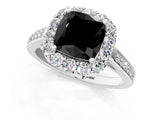 White gold Fancy Black Cushion Cut Diamond Floral Halo Ring with Pavé Band and Prong Setting_8