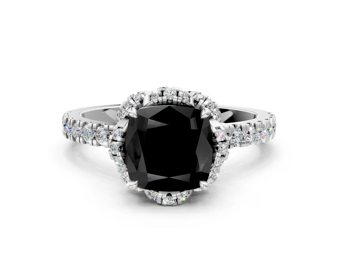 White gold Fancy Black Cushion Cut Diamond Halo Pave Band with Four-Prong Setting_27