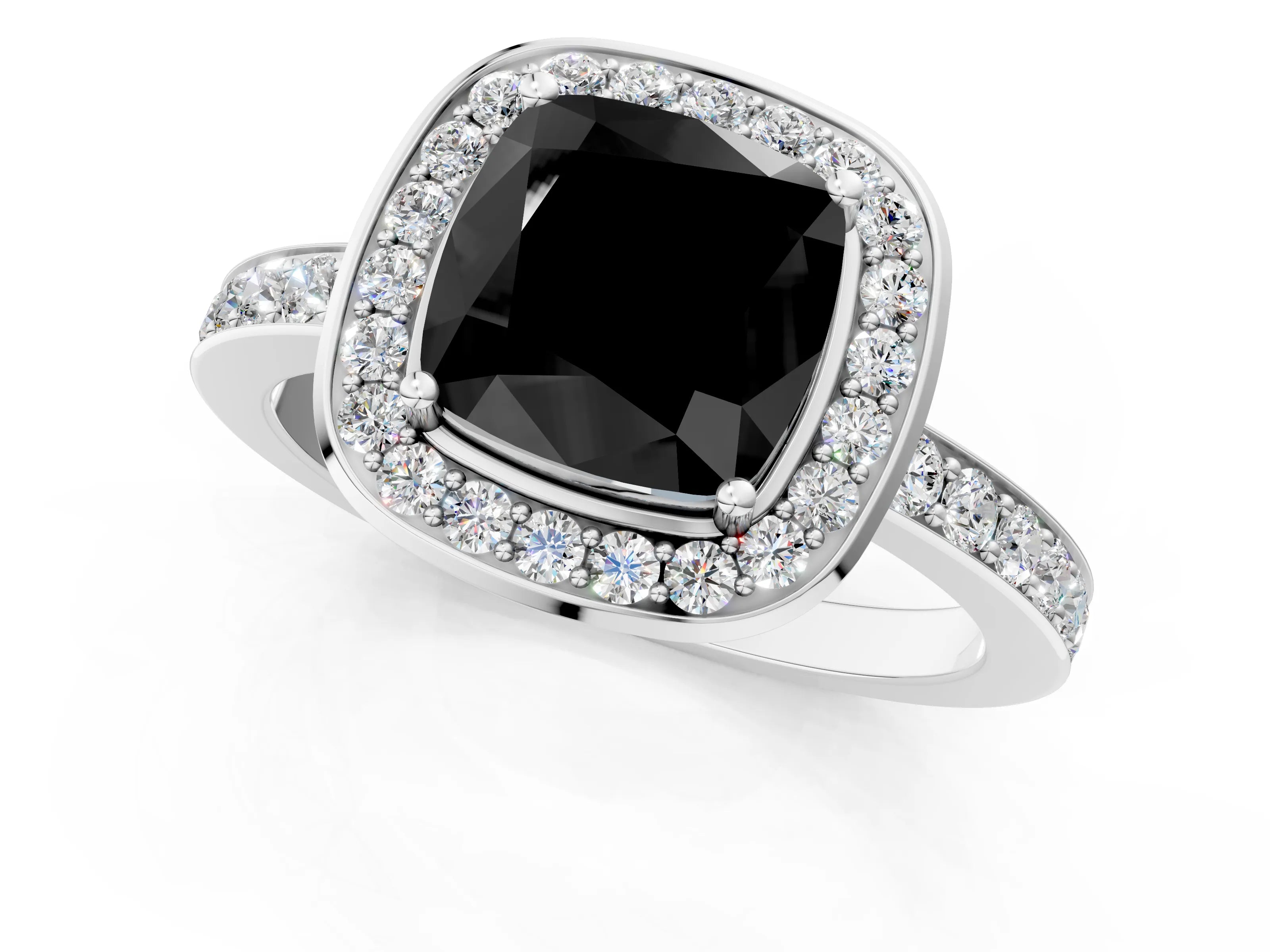 White gold Fancy Black Cushion Cut Diamond Halo Ring with Bezel Frame and Pavé Band_1