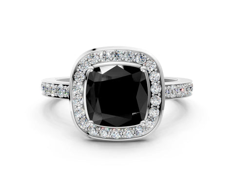 White gold Fancy Black Cushion Cut Diamond Halo Ring with Bezel Frame and Pavé Band