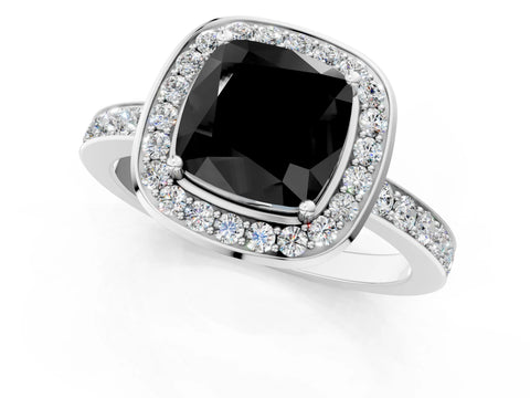 White gold Fancy Black Cushion Cut Diamond Halo Ring with Bezel Frame and Pavé Band_1