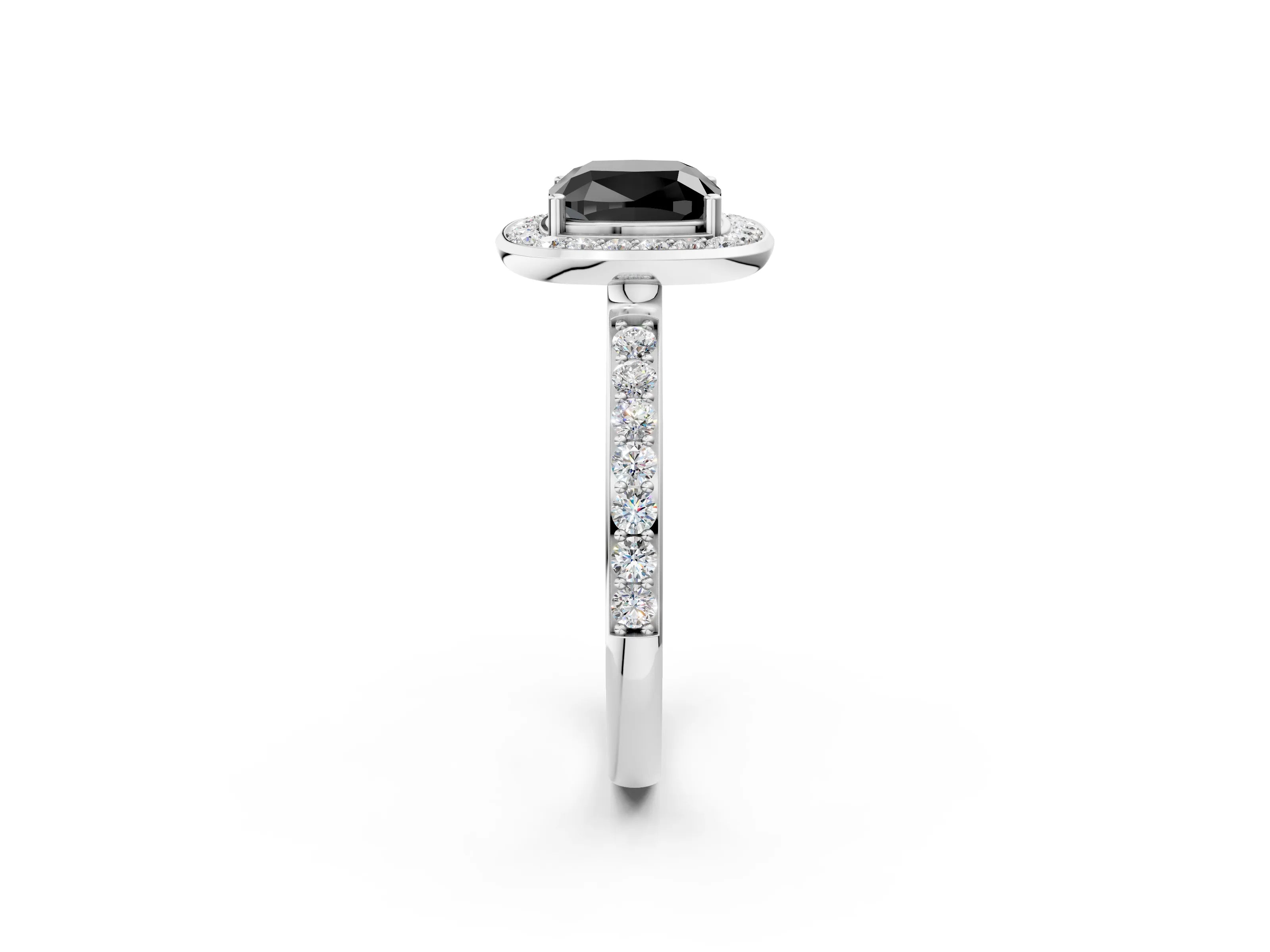 White gold Fancy Black Cushion Cut Diamond Halo Ring with Bezel Frame and Pavé Band_2