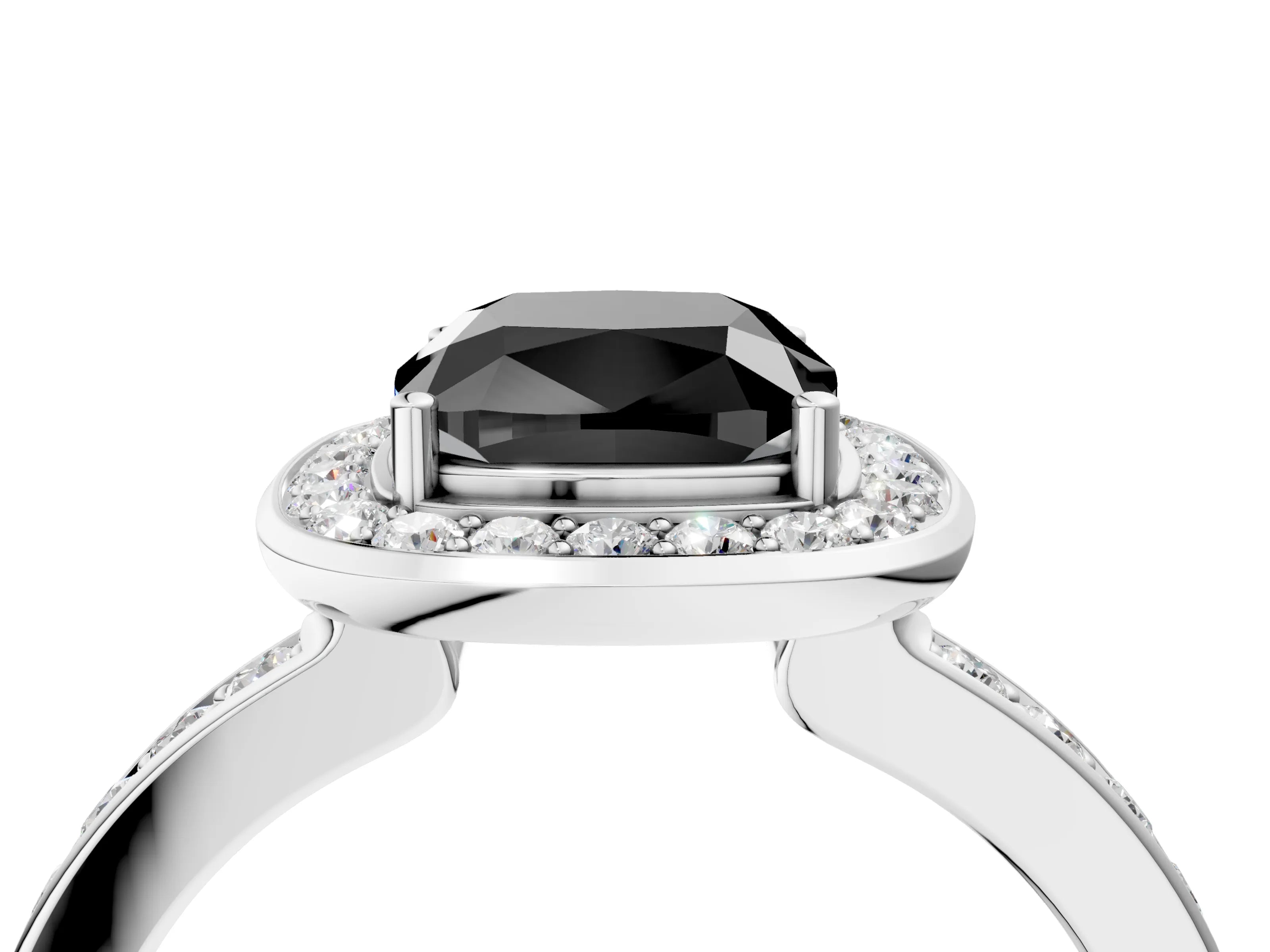 White gold Fancy Black Cushion Cut Diamond Halo Ring with Bezel Frame and Pavé Band_4