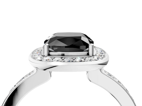 White gold Fancy Black Cushion Cut Diamond Halo Ring with Bezel Frame and Pavé Band_4