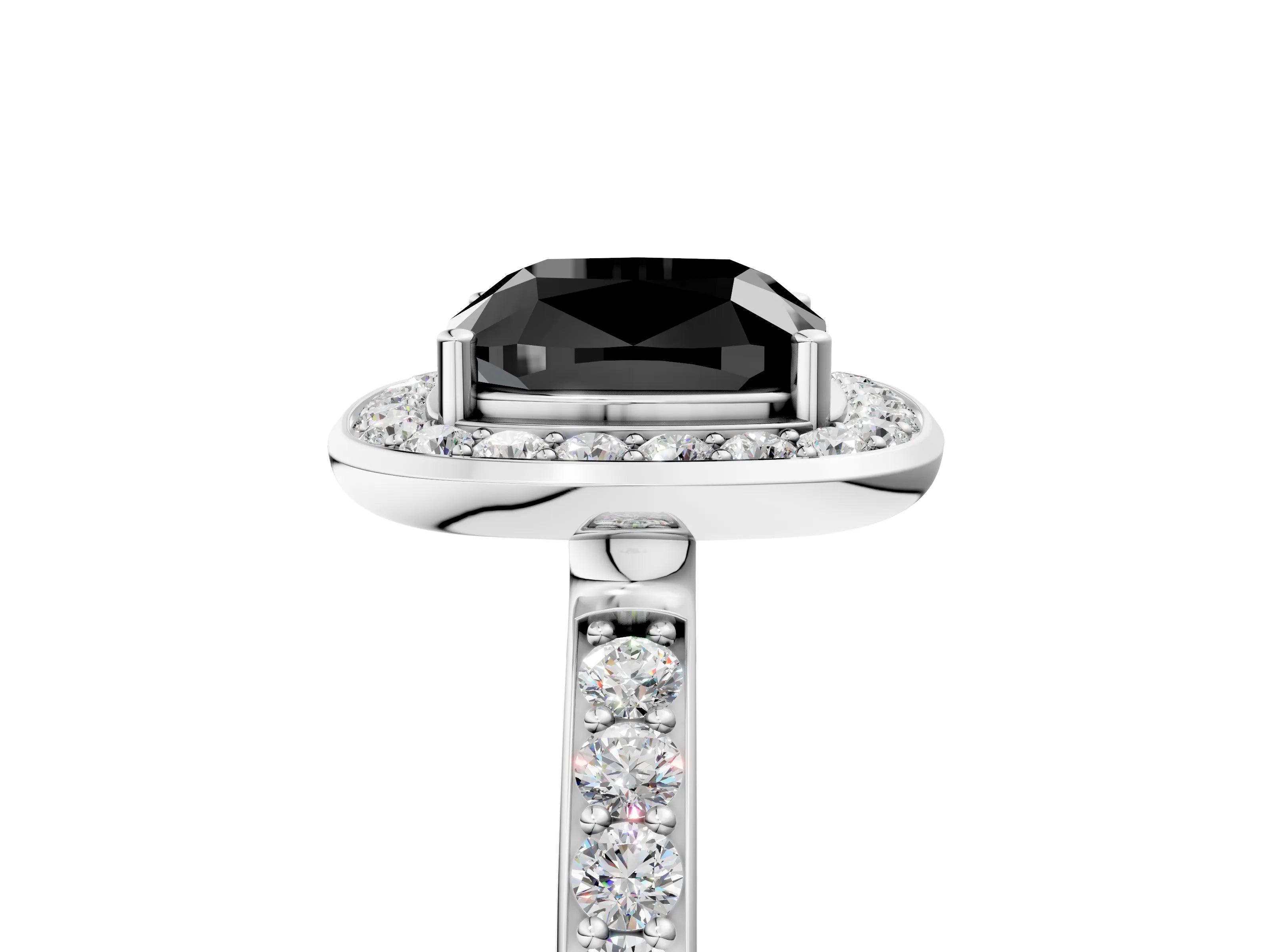 White gold Fancy Black Cushion Cut Diamond Halo Ring with Bezel Frame and Pavé Band_5