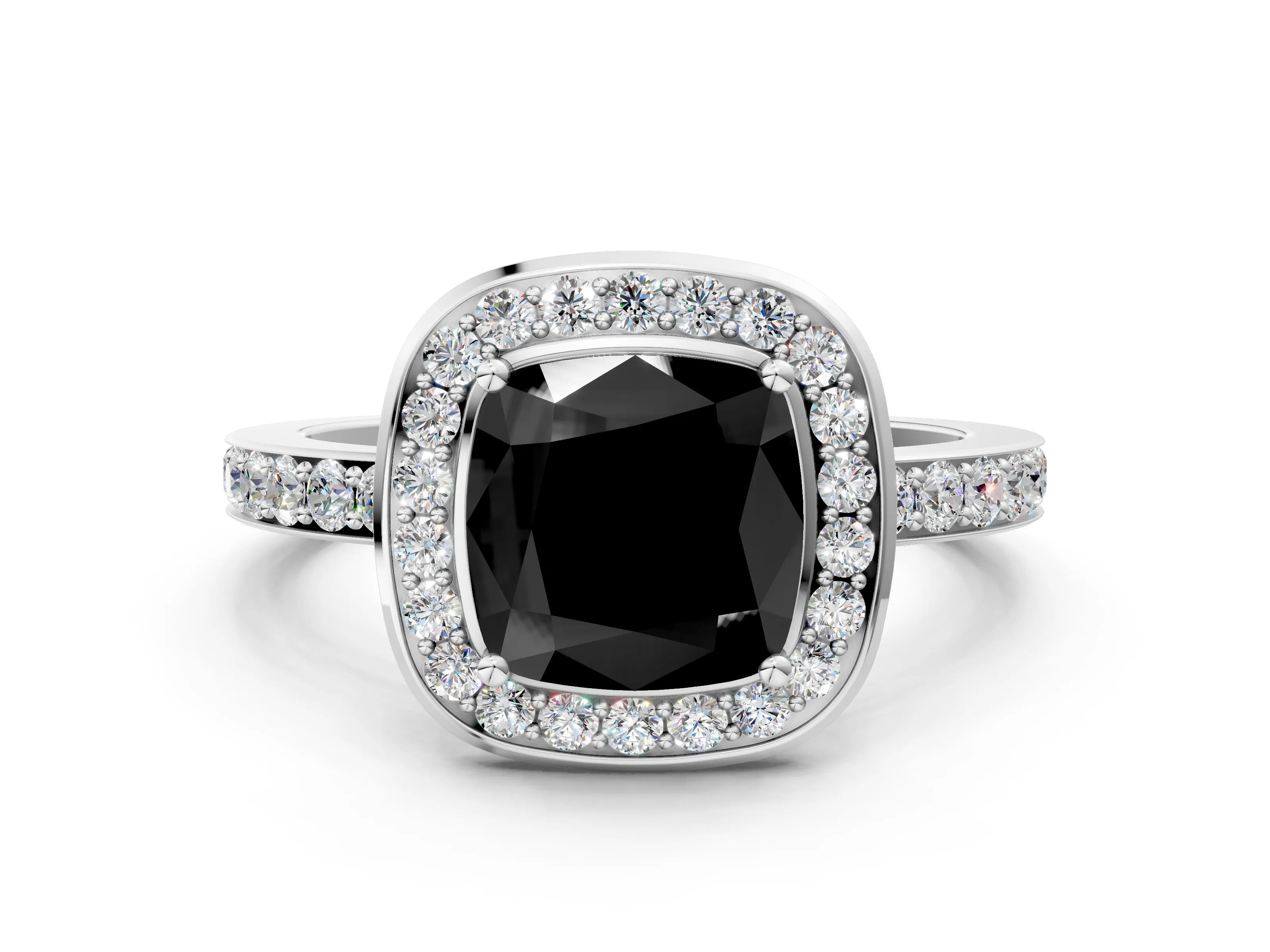 White gold Fancy Black Cushion Cut Diamond Halo Ring with Bezel Frame and Pavé Band