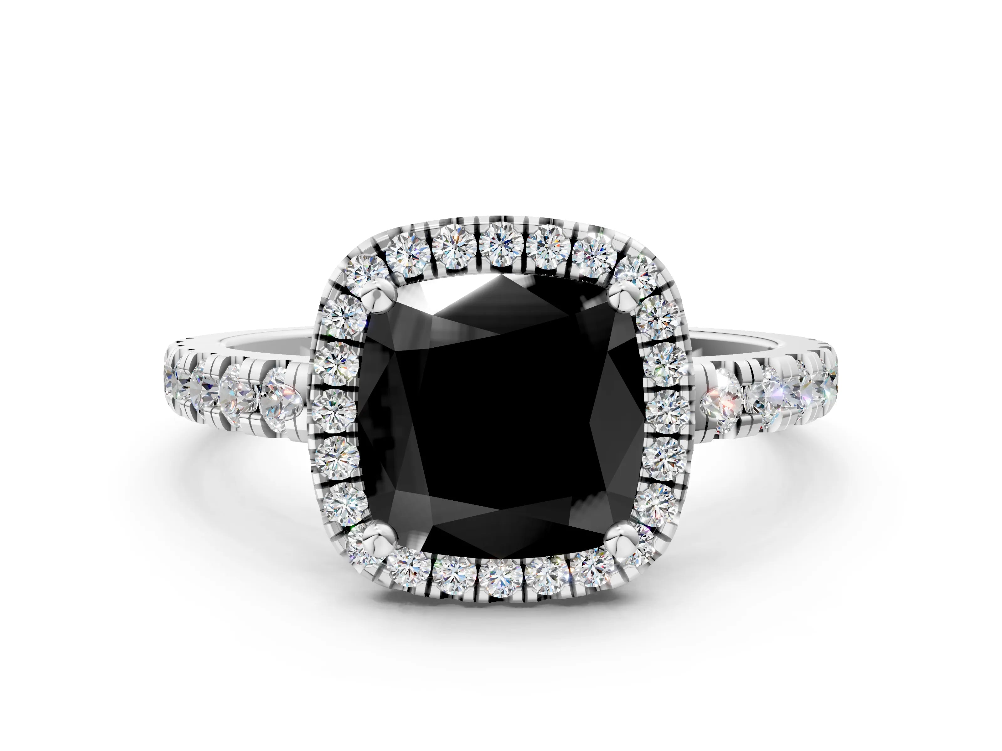 White gold Fancy Black Cushion Cut Diamond Halo Ring with Pavé Band and Four-Prong Setting_12