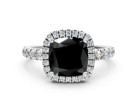 White gold Fancy Black Cushion Cut Diamond Halo Ring with Pavé Band and Four-Prong Setting_12