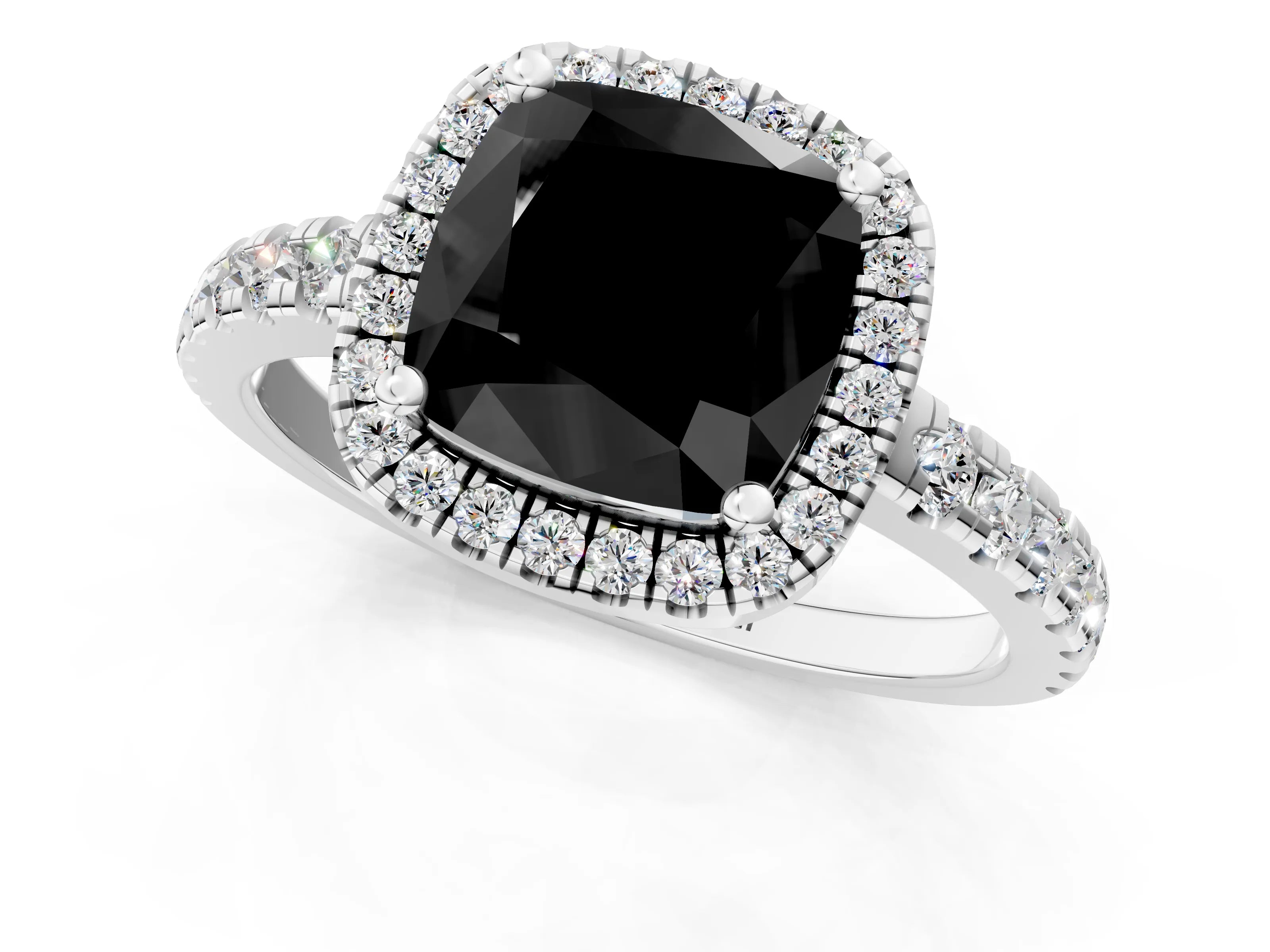 White gold Fancy Black Cushion Cut Diamond Halo Ring with Pavé Band and Four-Prong Setting_13