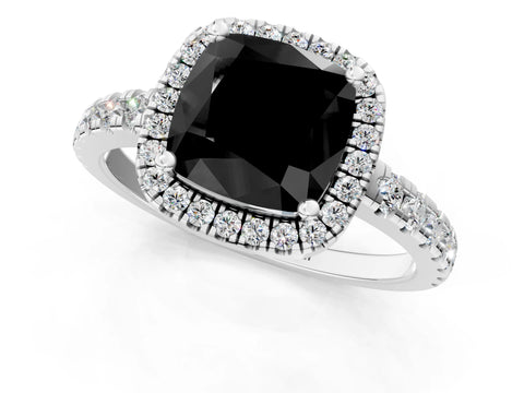 White gold Fancy Black Cushion Cut Diamond Halo Ring with Pavé Band and Four-Prong Setting_13