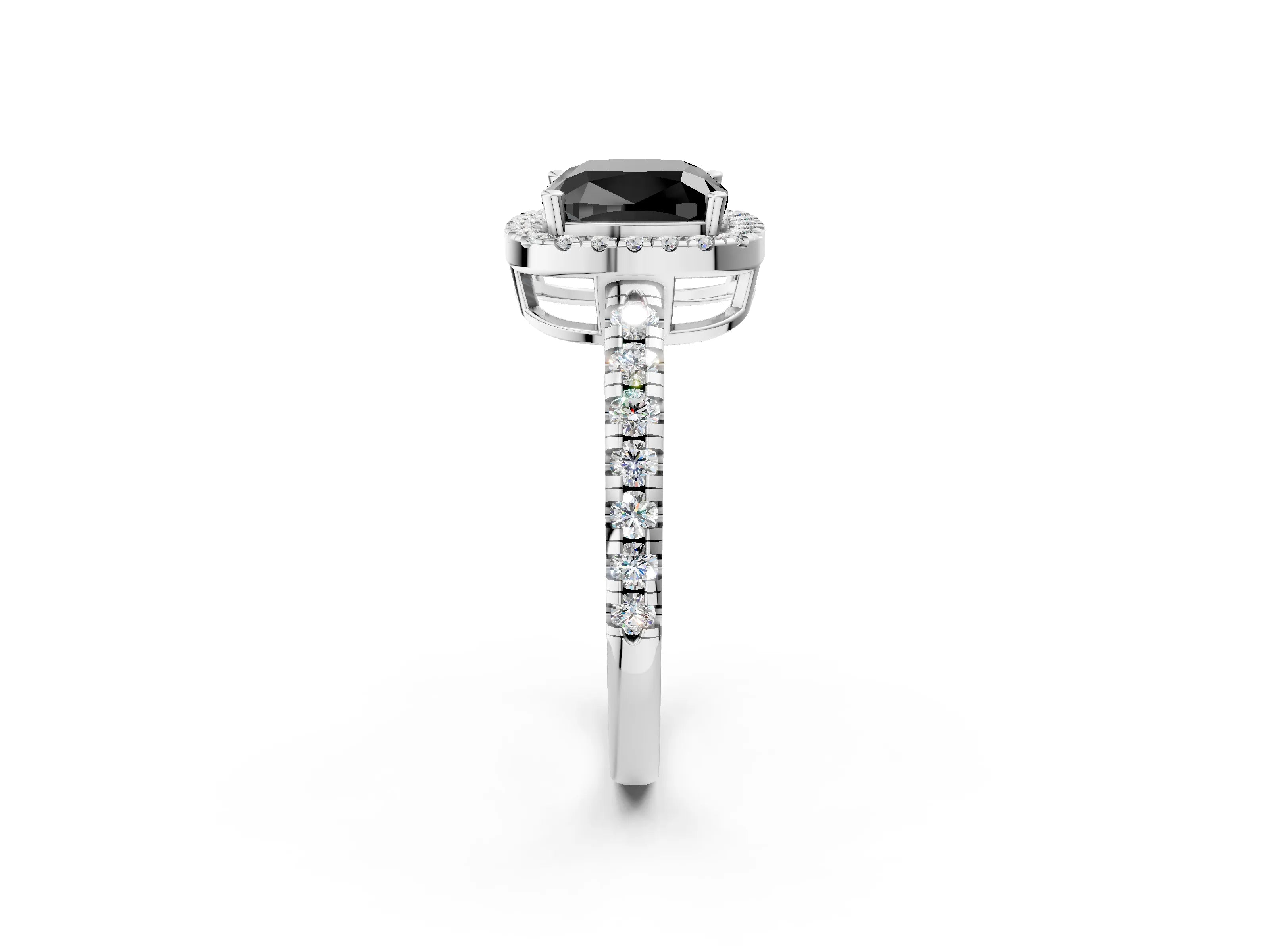 White gold Fancy Black Cushion Cut Diamond Halo Ring with Pavé Band and Four-Prong Setting_14