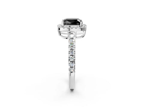 White gold Fancy Black Cushion Cut Diamond Halo Ring with Pavé Band and Four-Prong Setting_14