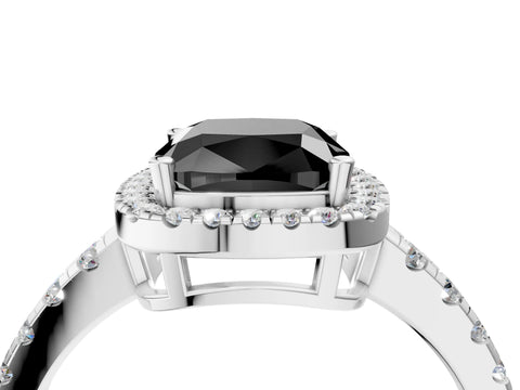 White gold Fancy Black Cushion Cut Diamond Halo Ring with Pavé Band and Four-Prong Setting_16
