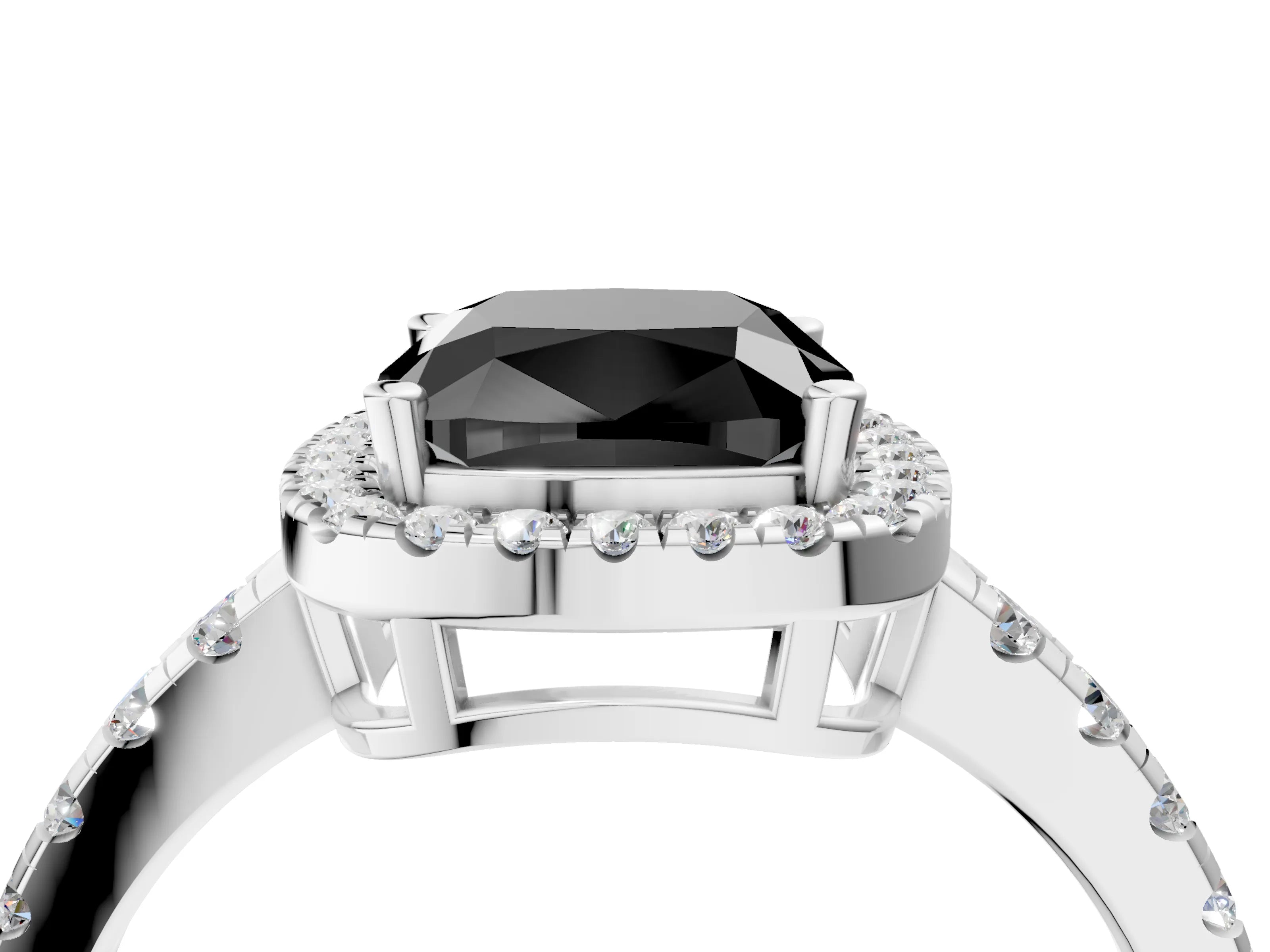 White gold Fancy Black Cushion Cut Diamond Halo Ring with Pavé Band and Four-Prong Setting_16