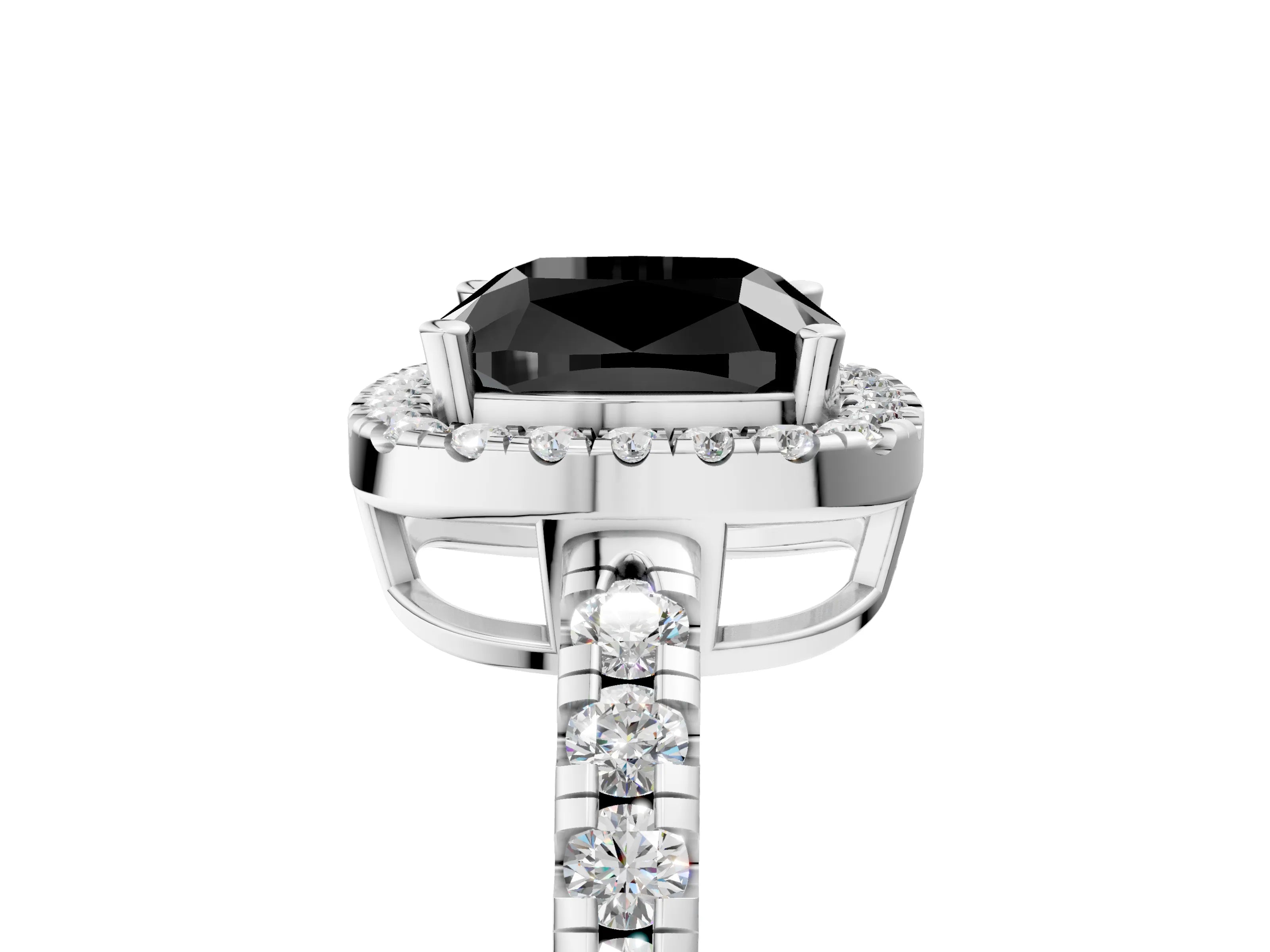 White gold Fancy Black Cushion Cut Diamond Halo Ring with Pavé Band and Four-Prong Setting_17