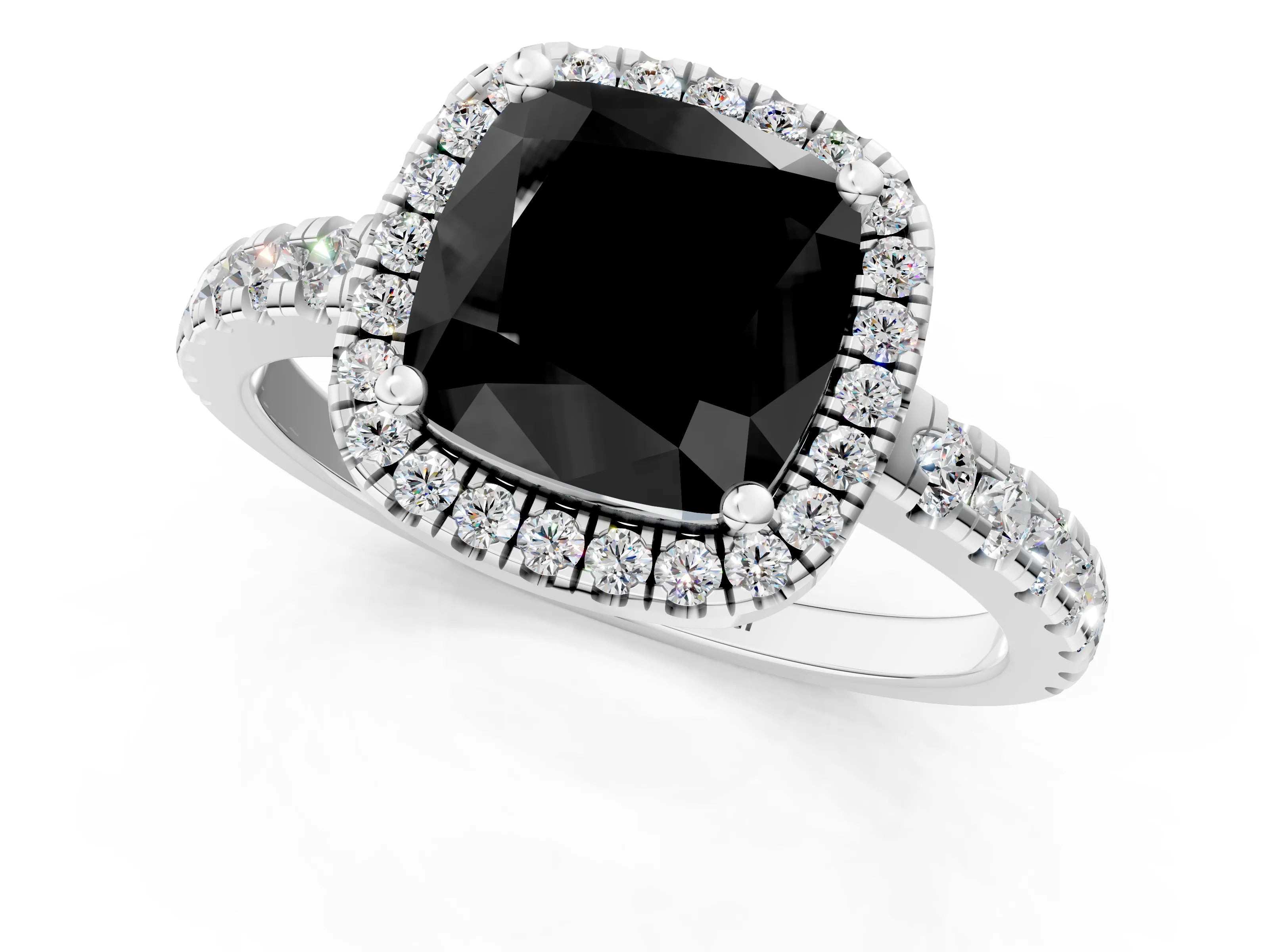 White gold Fancy Black Cushion Cut Diamond Halo Ring with Pavé Band and Four-Prong Setting_1