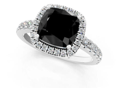 White gold Fancy Black Cushion Cut Diamond Halo Ring with Pavé Band and Four-Prong Setting_1