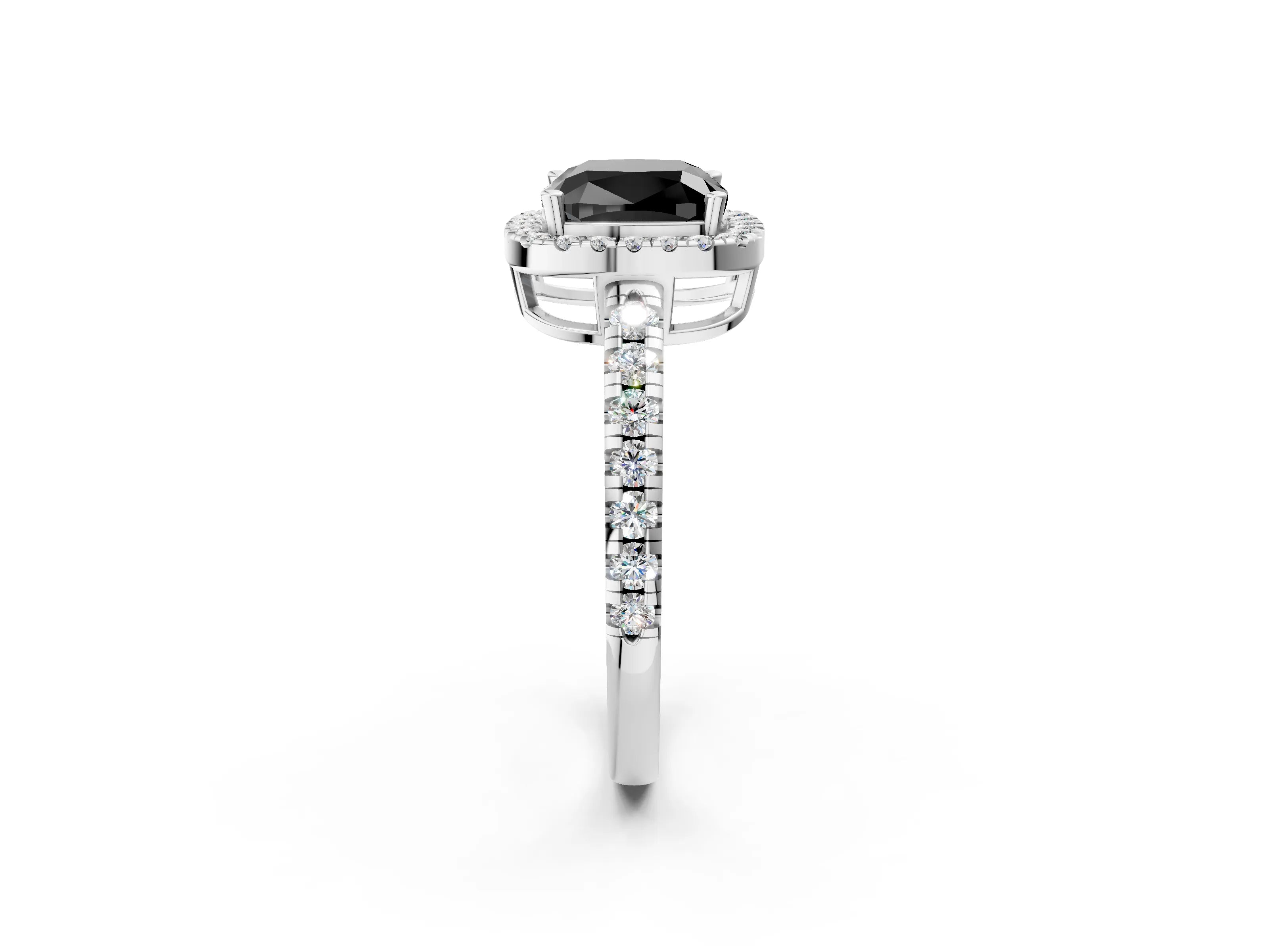 White gold Fancy Black Cushion Cut Diamond Halo Ring with Pavé Band and Four-Prong Setting_2