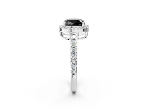 White gold Fancy Black Cushion Cut Diamond Halo Ring with Pavé Band and Four-Prong Setting_2