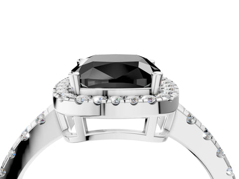 White gold Fancy Black Cushion Cut Diamond Halo Ring with Pavé Band and Four-Prong Setting_4