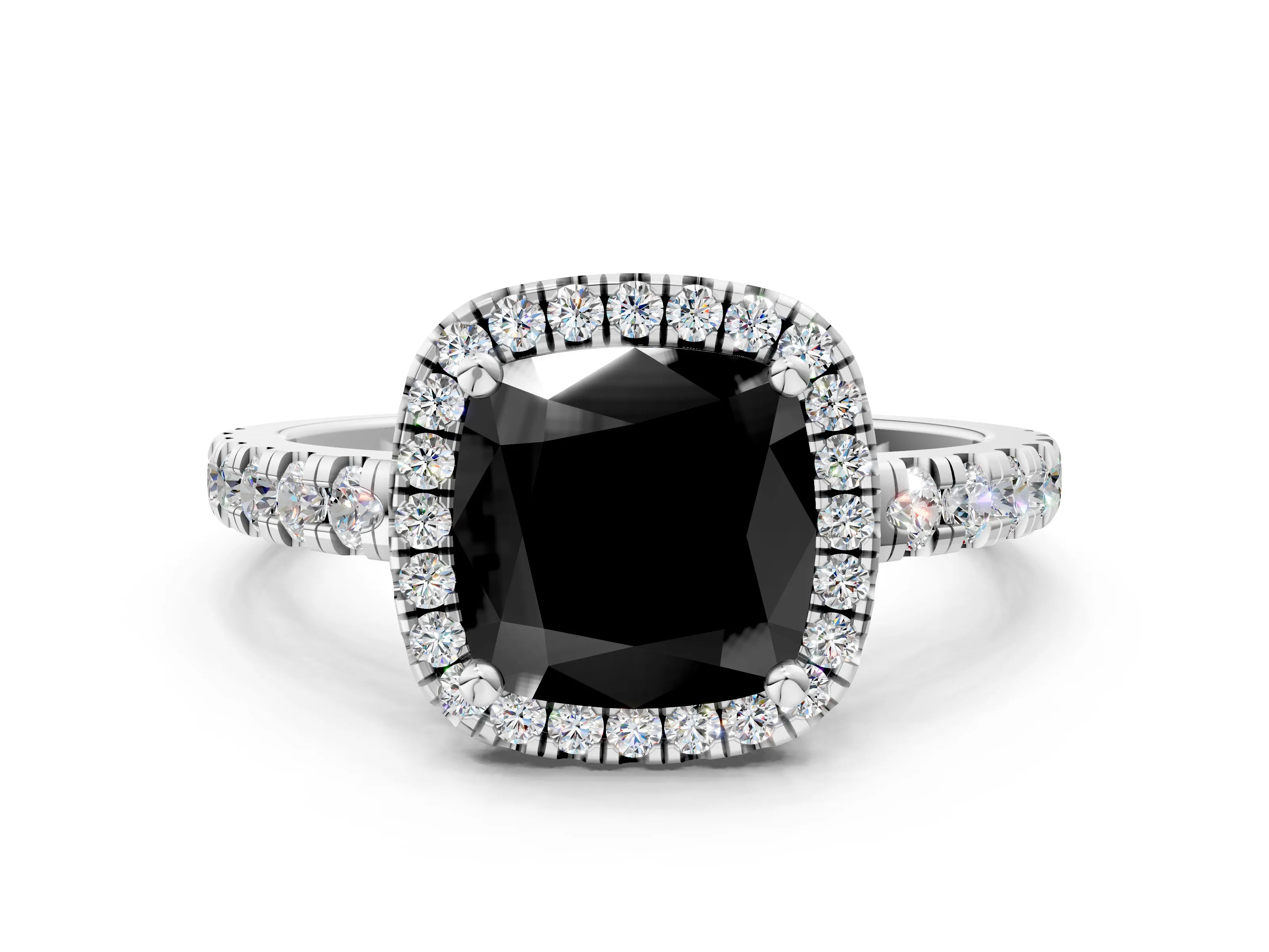 White gold Fancy Black Cushion Cut Diamond Halo Ring with Pavé Band and Four-Prong Setting