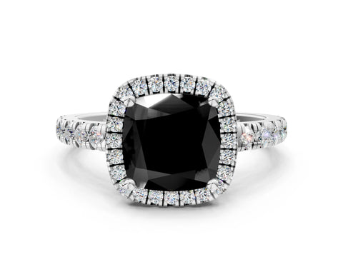 White gold Fancy Black Cushion Cut Diamond Halo Ring with Pavé Band and Four-Prong Setting