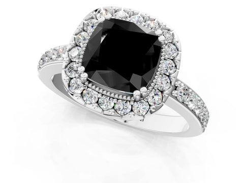 White gold Fancy Black Cushion Cut Diamond Halo Ring with Pavé Band and Prong Setting_1