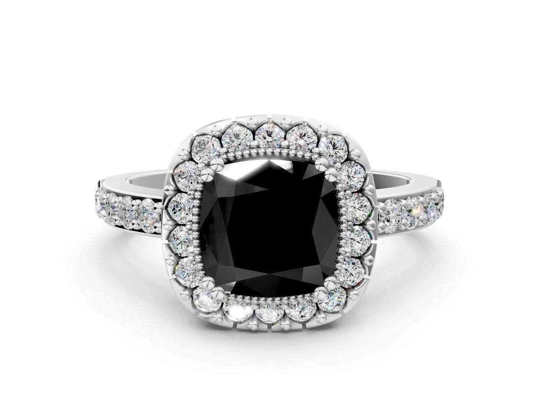 White gold Fancy Black Cushion Cut Diamond Halo Ring with Pavé Band and Prong Setting_24