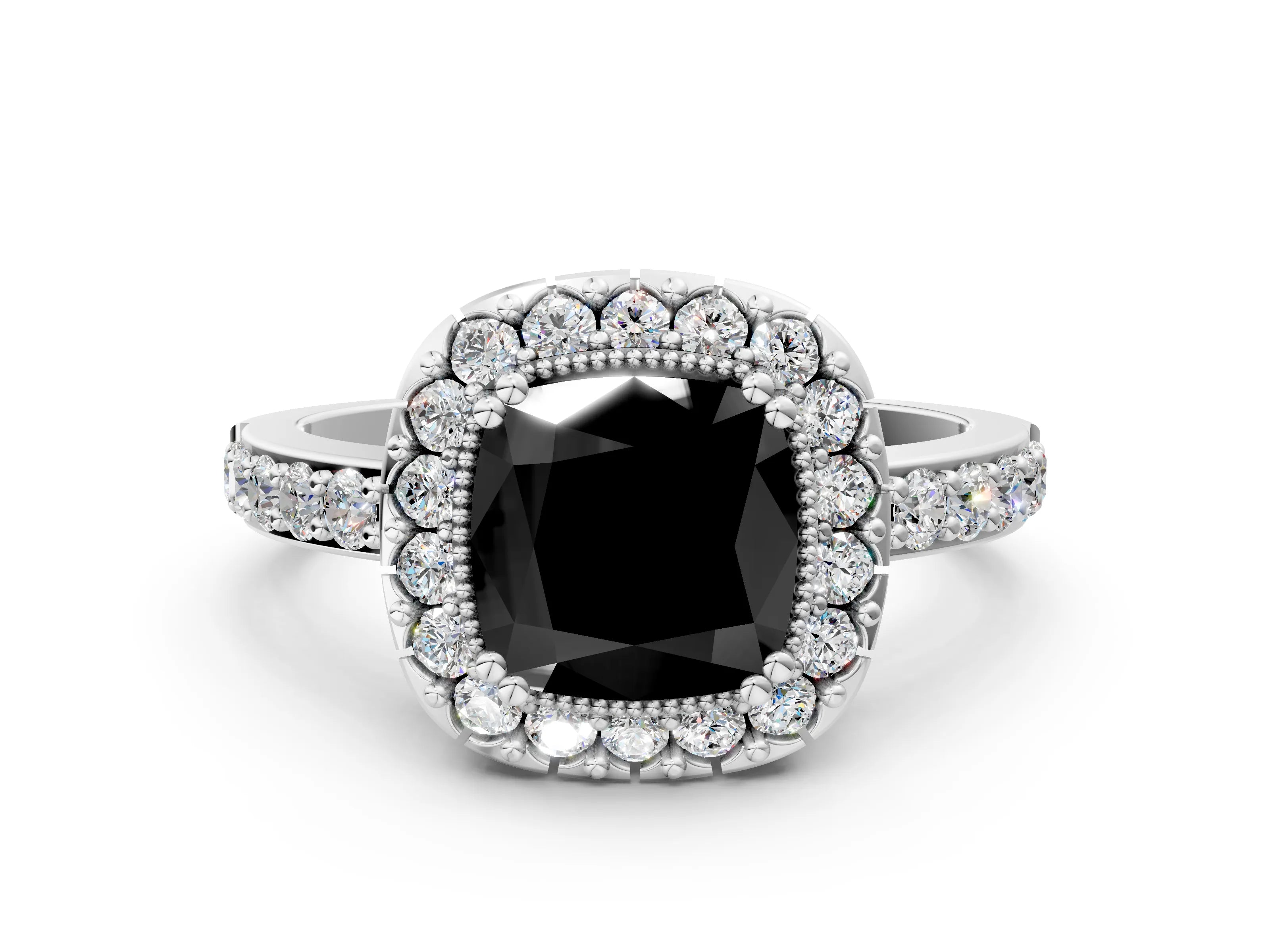 White gold Fancy Black Cushion Cut Diamond Halo Ring with Pavé Band and Prong Setting_24