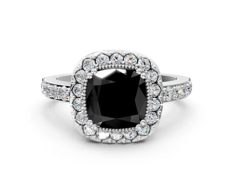 White gold Fancy Black Cushion Cut Diamond Halo Ring with Pavé Band and Prong Setting_24