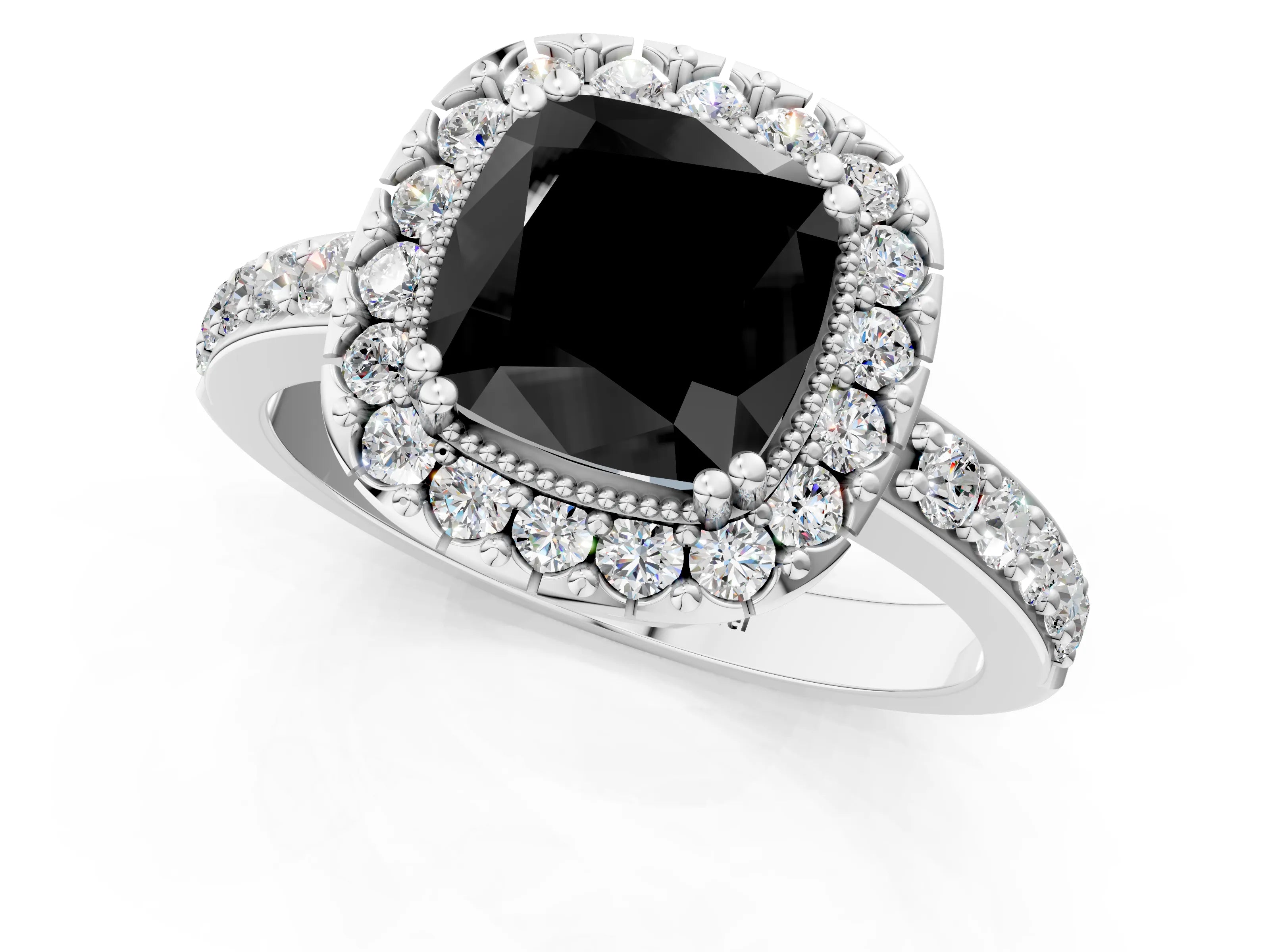 White gold Fancy Black Cushion Cut Diamond Halo Ring with Pavé Band and Prong Setting_25