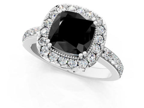 White gold Fancy Black Cushion Cut Diamond Halo Ring with Pavé Band and Prong Setting_25