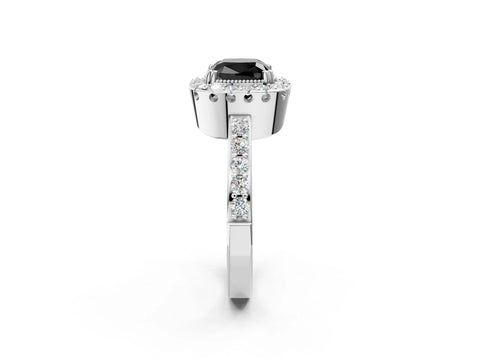 White gold Fancy Black Cushion Cut Diamond Halo Ring with Pavé Band and Prong Setting_26