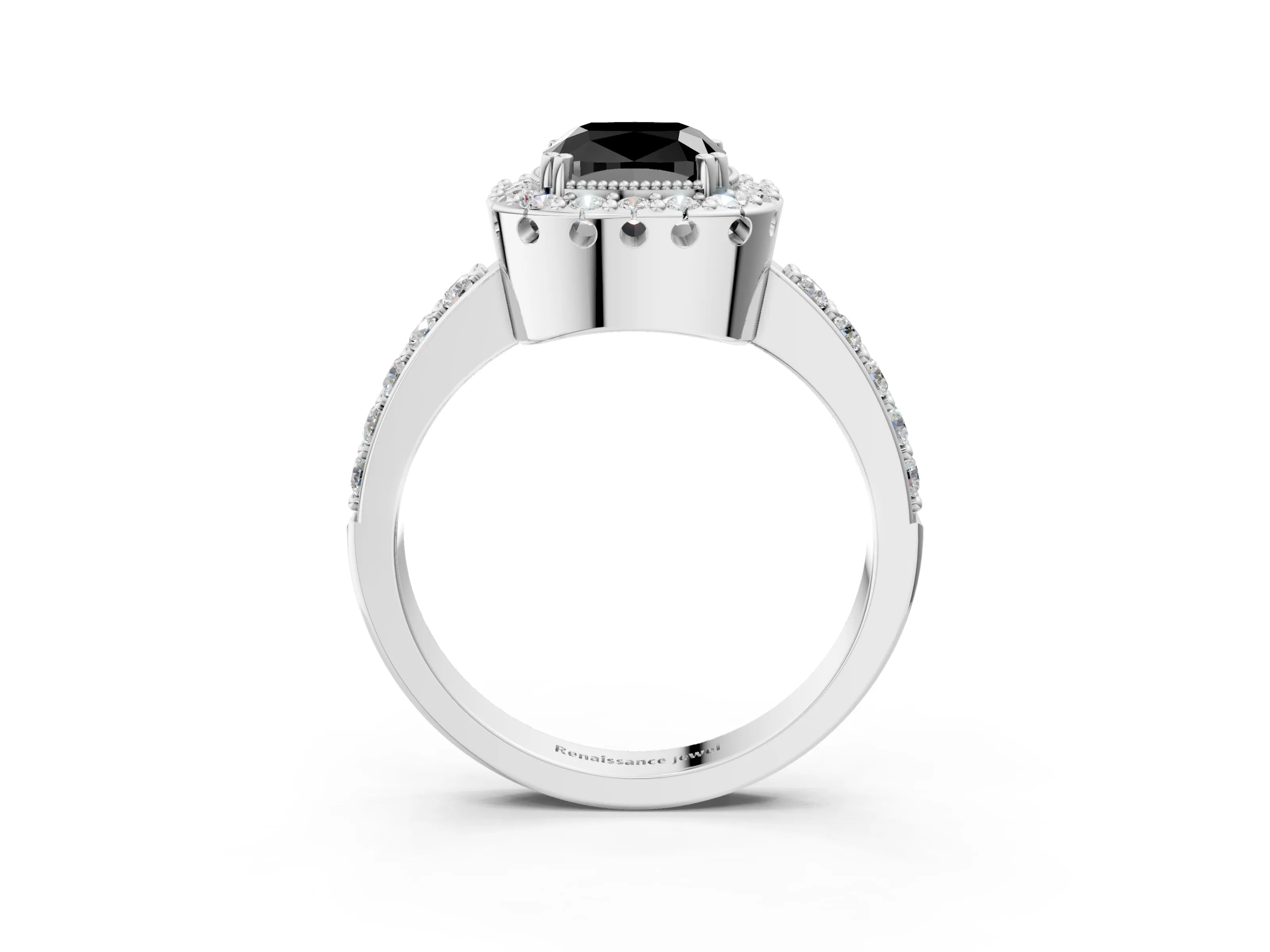 White gold Fancy Black Cushion Cut Diamond Halo Ring with Pavé Band and Prong Setting_27