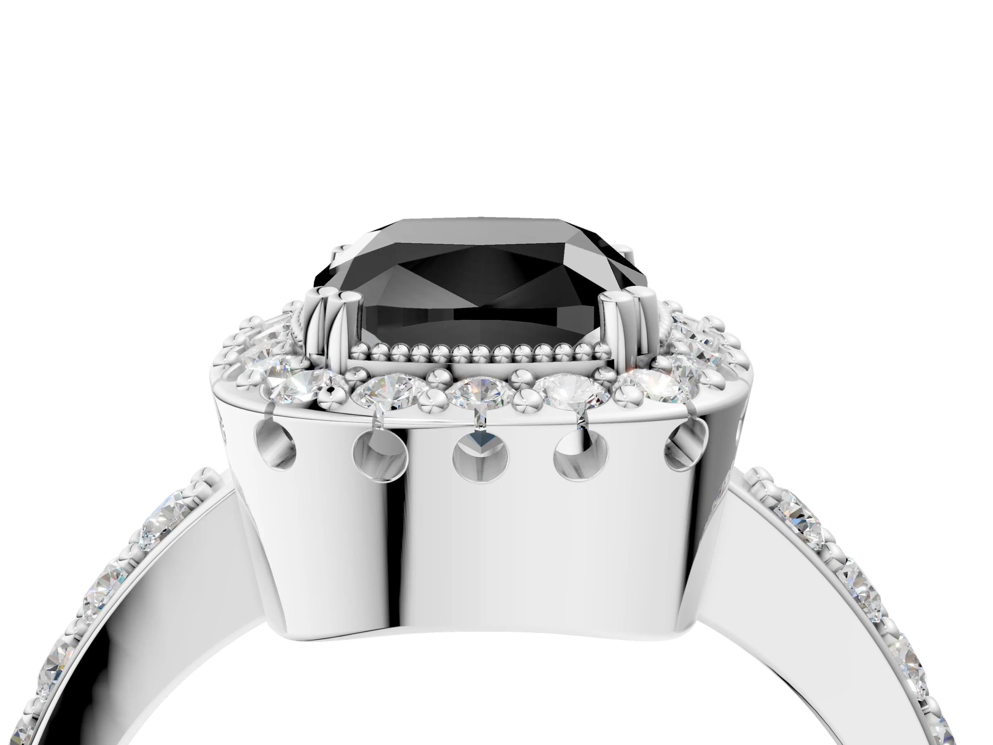 White gold Fancy Black Cushion Cut Diamond Halo Ring with Pavé Band and Prong Setting_28