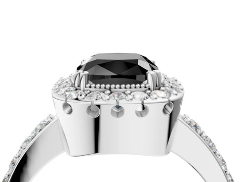 White gold Fancy Black Cushion Cut Diamond Halo Ring with Pavé Band and Prong Setting_28
